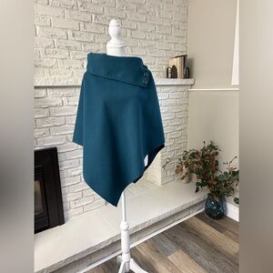 Teal Asymmetric Button-Neck Poncho | Minimalist Wool Blend Cape